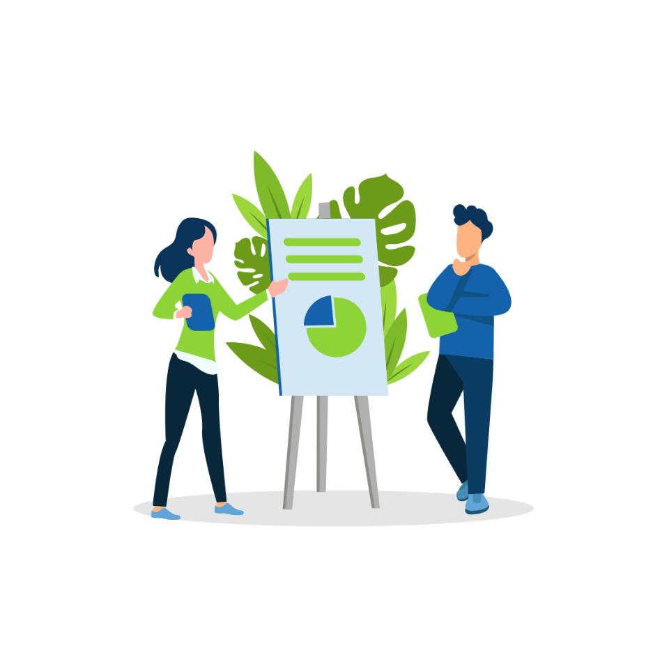 Two co-workers discussing a pie-chart