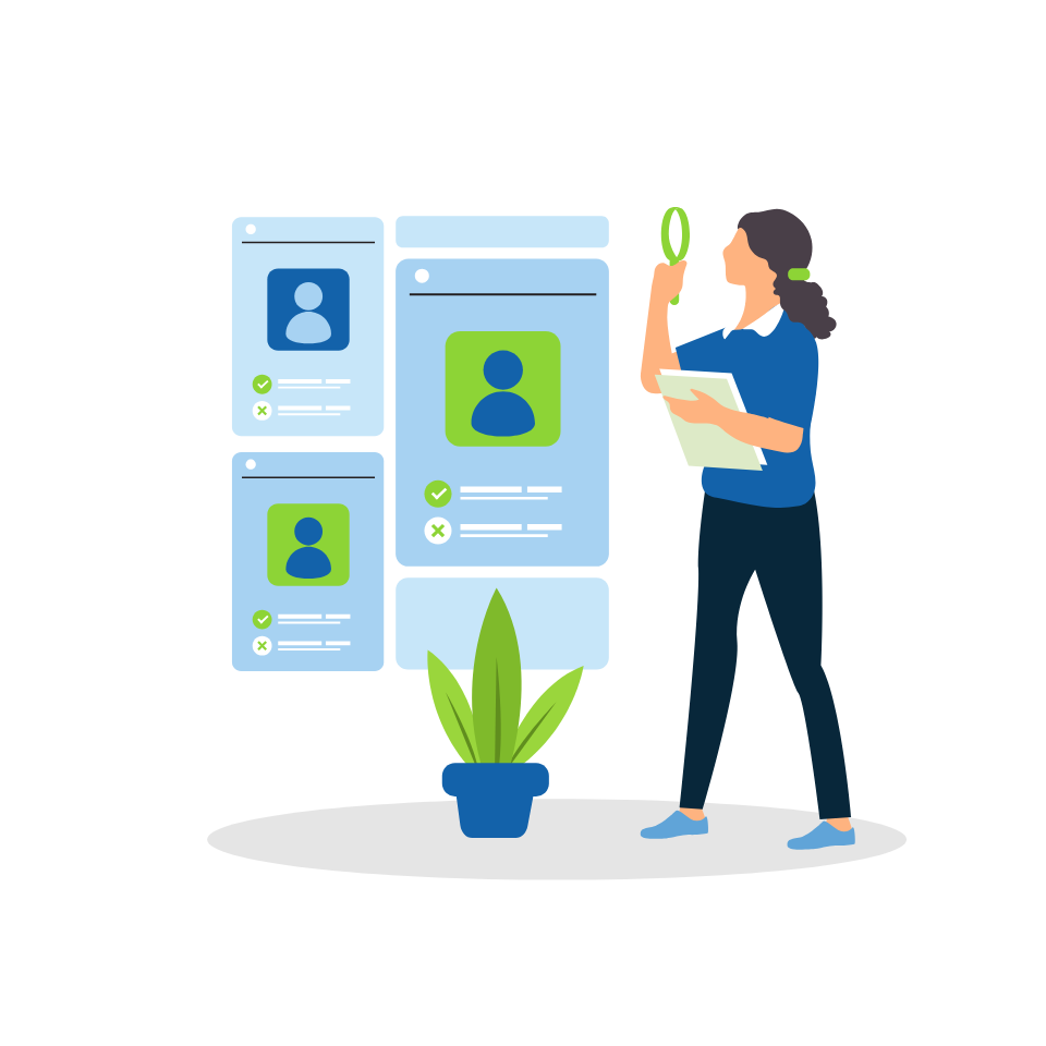 A woman reviewing applicant profiles with a magnifying glass.