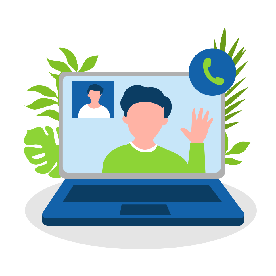 Person on a video call shown on a laptop screen with a phone icon