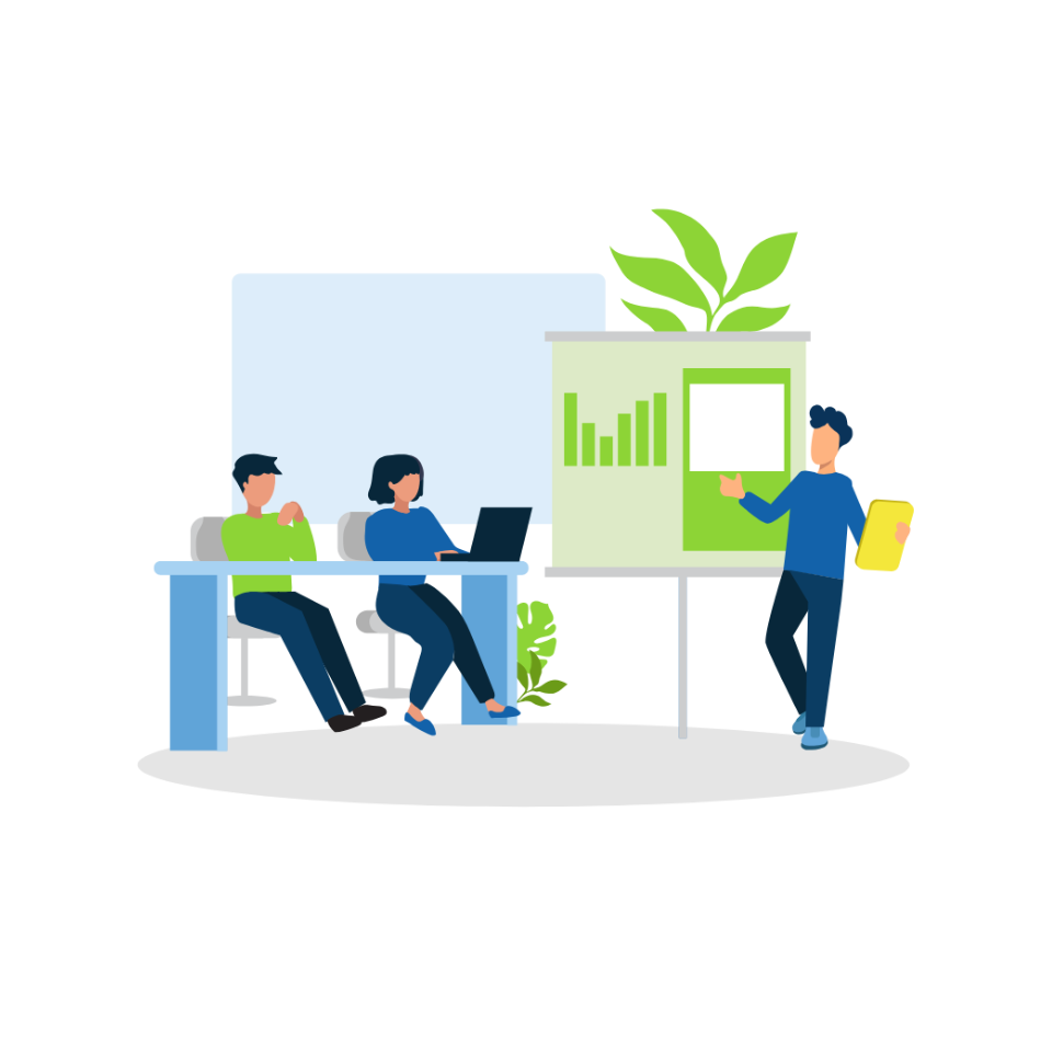 Teammates sitting at a desk while a leader presents a training presentation.