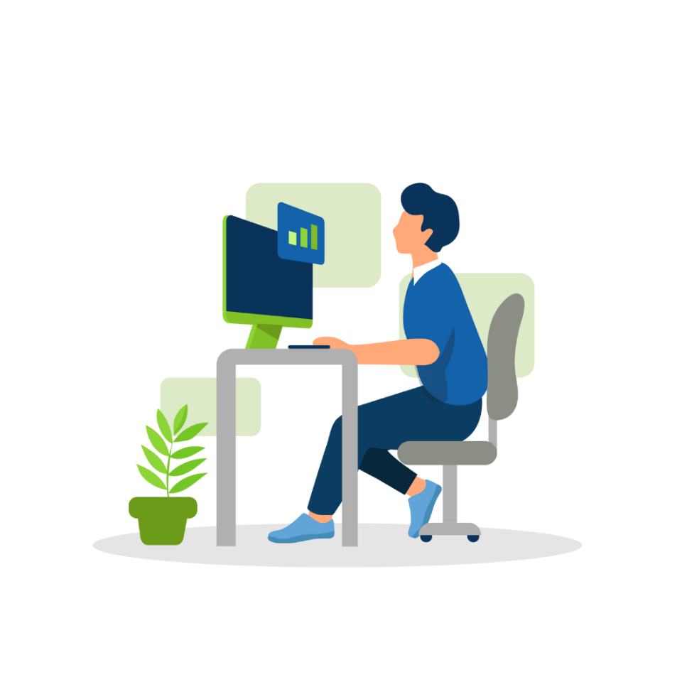 Person sitting at a desk focused on a computer with data charts on the screen. Person sitting at a desk focused on a computer with data charts on the screen.