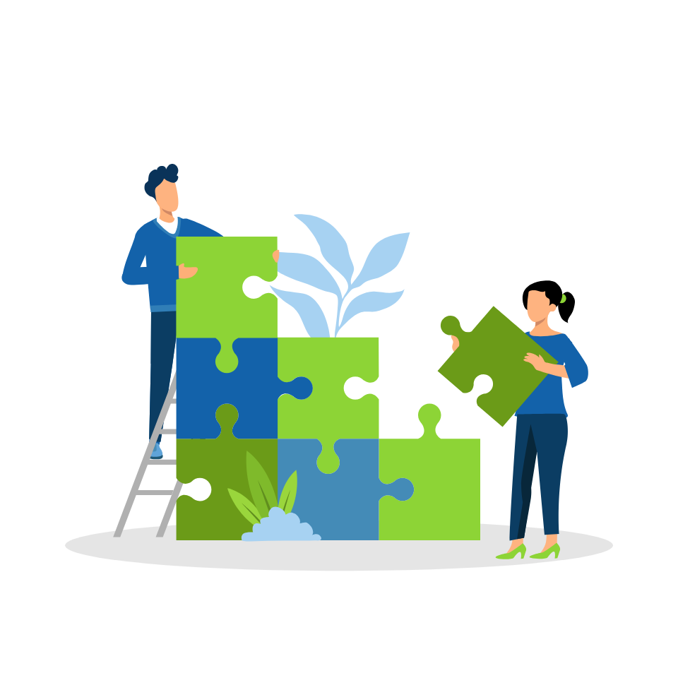 Two people assembling a large puzzle with plants growing between pieces Two people assembling a large puzzle with plants growing between pieces