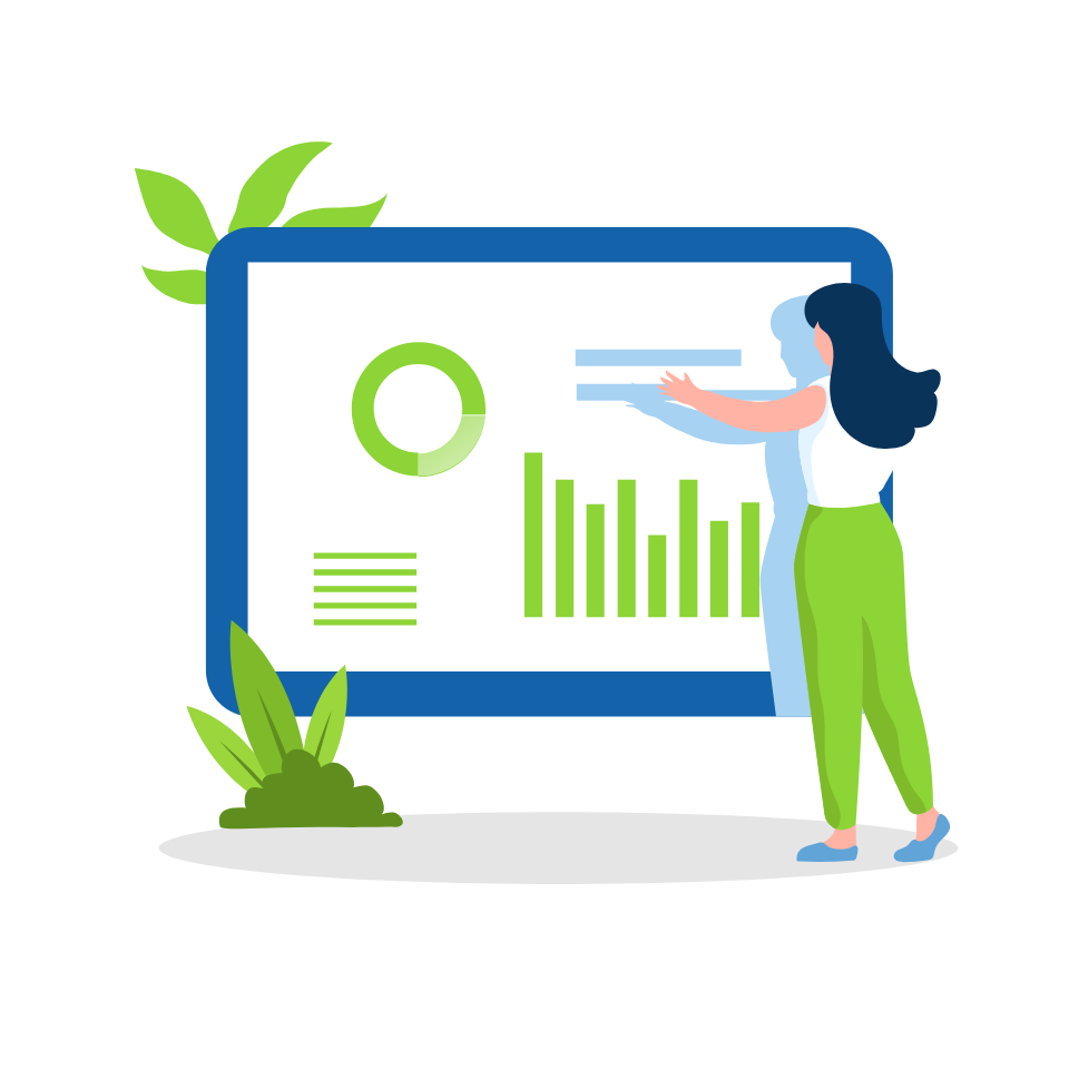 A woman reviewing data on a large tablet screen.