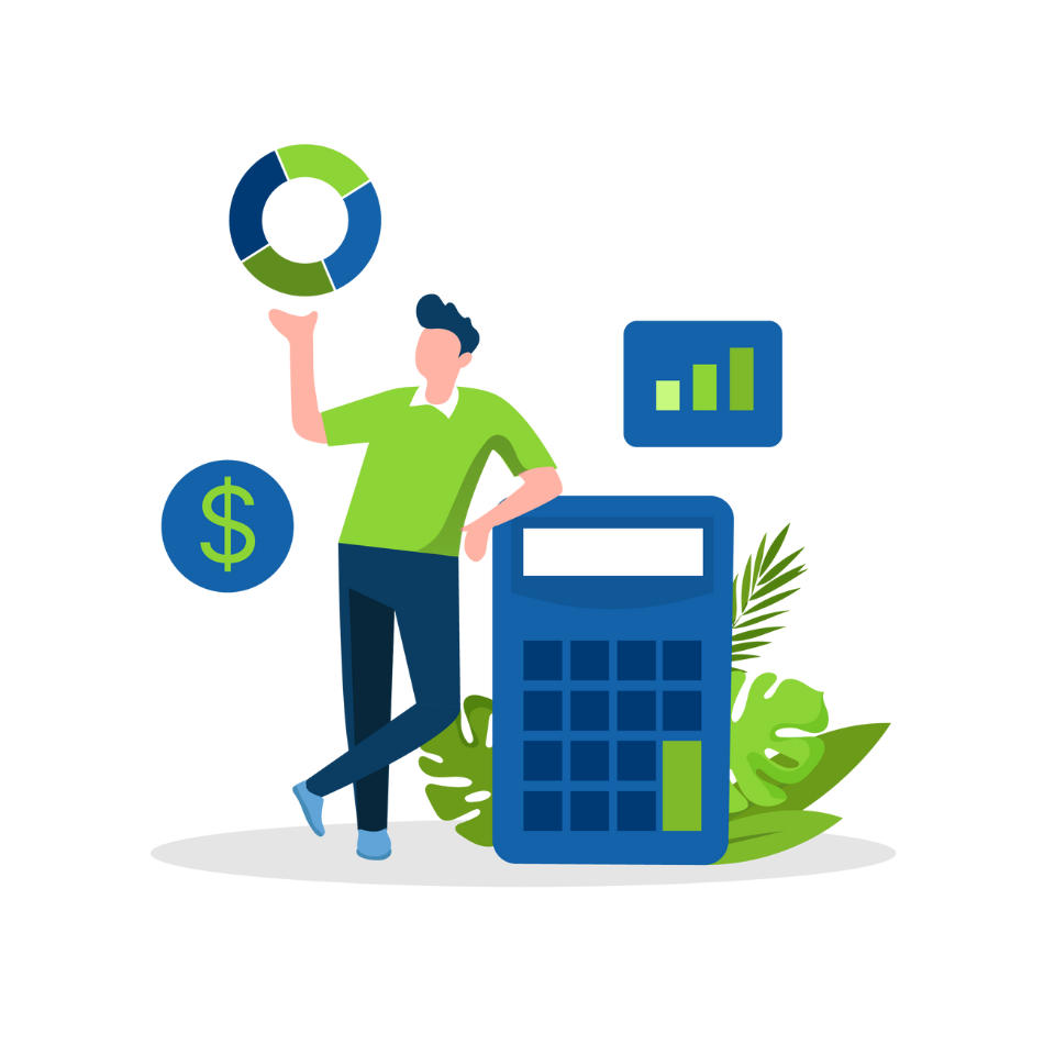 A man leaning on an oversized calculator.