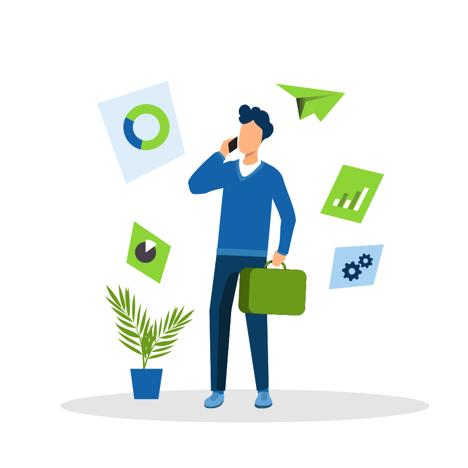 A man surrounded by pie charts and data, holding a briefcase while talking on the phone.