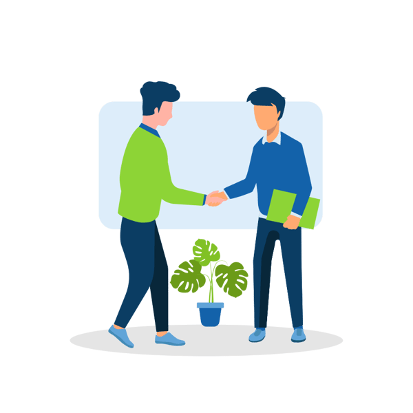 two cartoon coworkers shaking hands with plant behind them