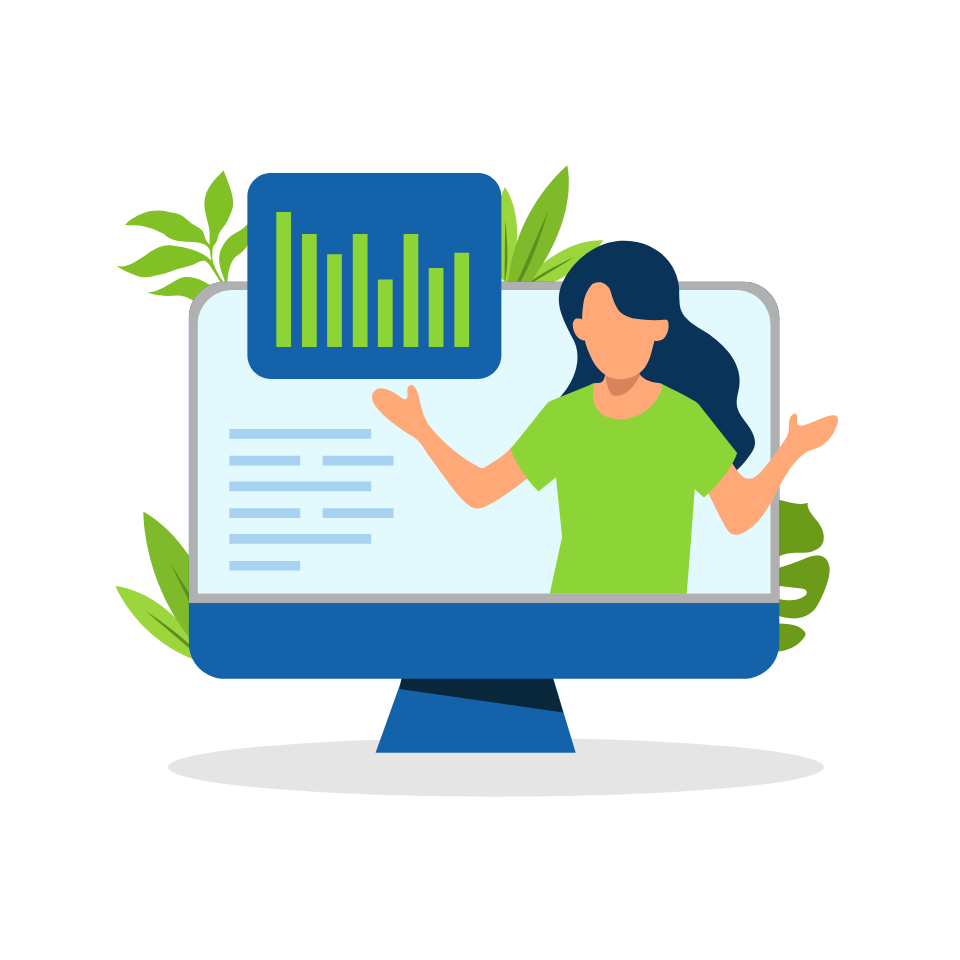 illustrated woman on computer monitor with leaves around
